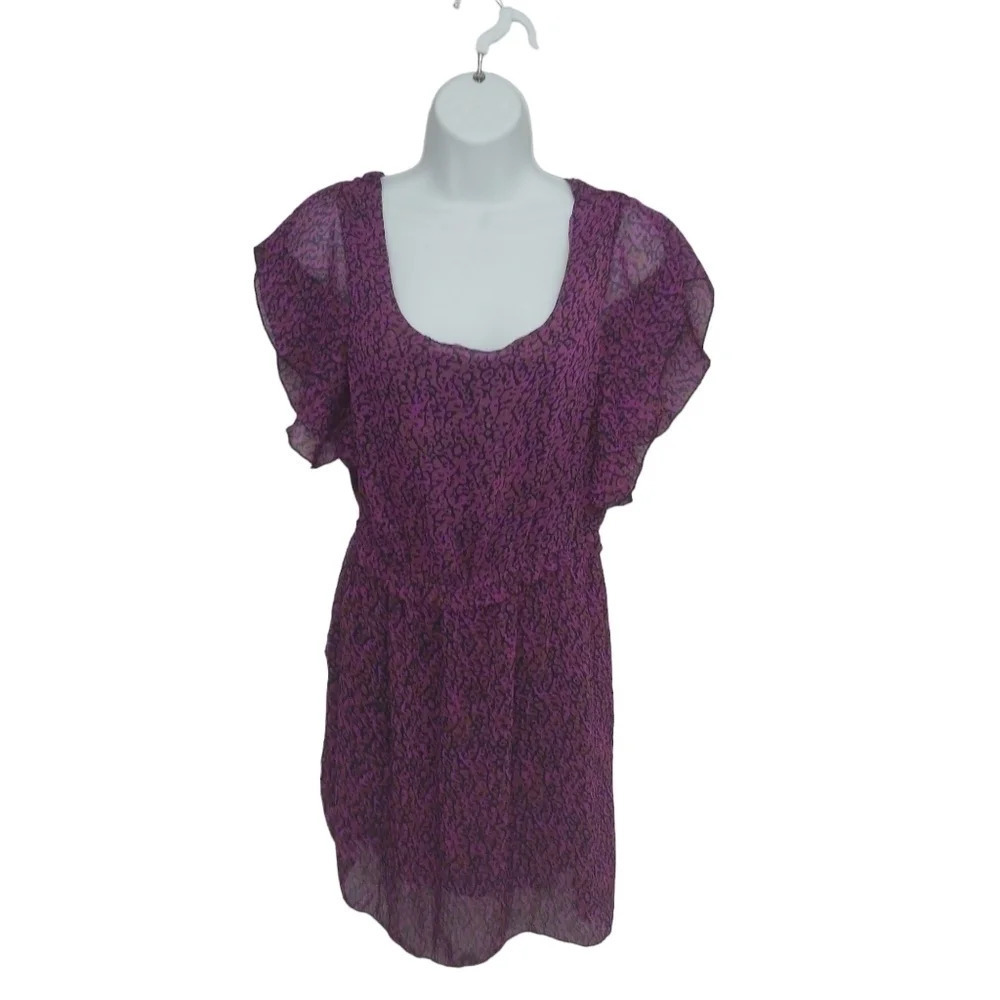 Sheer with  Underlay 80s Style Dress Purple/Brown/Blue Abstract Print S